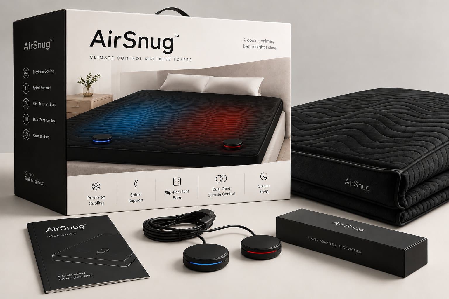 AirSnug retail box, black quilted topper, two controllers, power adapter box and user guide